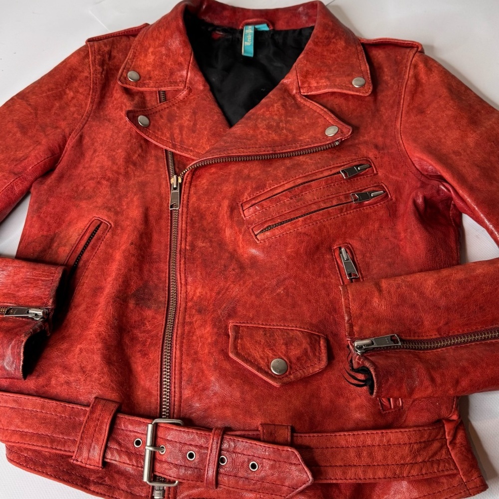 Truth and Pride Distressed Thrashed Rust Leather Moto Jacket Size Large